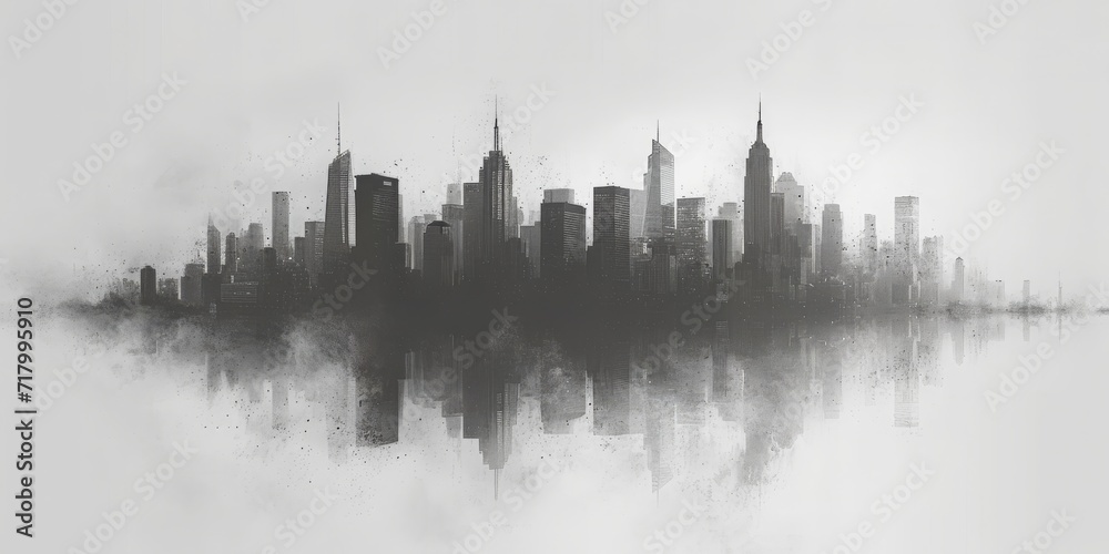 Fototapeta premium Silhouetted New York: The Iconic Skyline Emerges Through Misty Veils in a Monochromatic Cityscape at Dawn, Generative AI