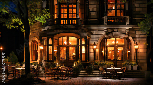 Quaint European Street Scene at Night: Old Buildings with Restaurant Facades and Warm Street Lighting photo