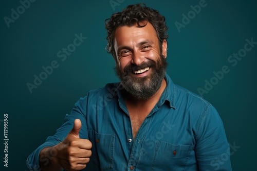 Studio shot of latin man smiling and showing thumb up isolated over teal background. Generative AI.