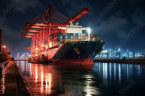 Nighttime view of cargo ship awaiting loading, depicting import-export logistics. Generative AI