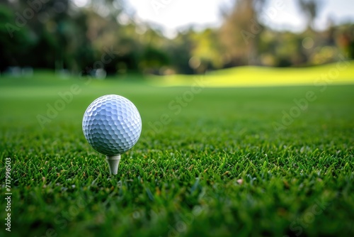 Golf ball on green grass ready to play at golf course. Copy space