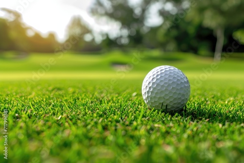 Golf ball on green grass with bokeh background at golf course. Copy space
