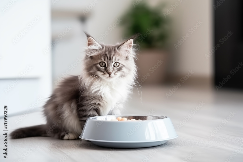 Cute fluffy cat and pet food in bowl in kitchen. Healthy food for pets. Dietary balanced food. Space for text, Generative AI