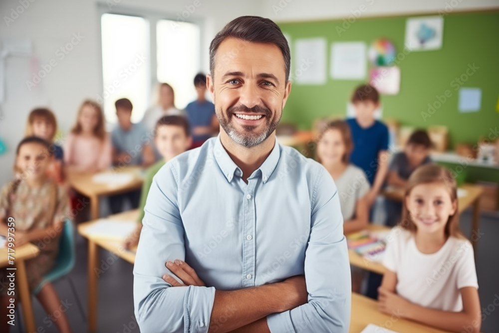 Portrait of smiling male teacher in a class at elementary school looking at camera with learning students on background. Generative AI Portrait of smiling male teacher in a class at elementary school looking at camera with learning students on background. Generative AI