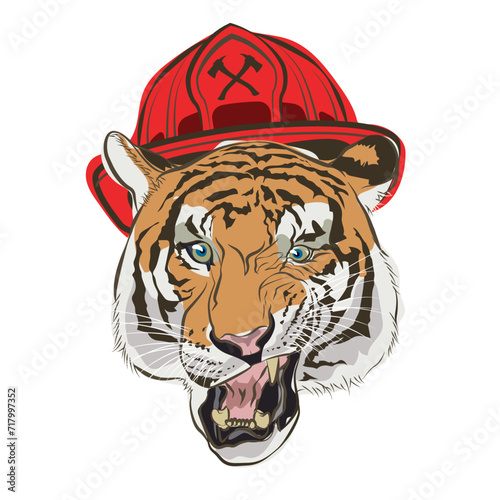 mighty tiger wearing a red firefighter hat