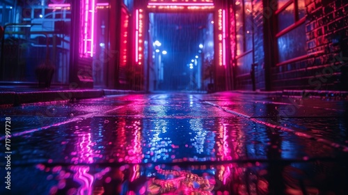 colorful neon lights reflects on wet road in city