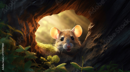 The mouse peers out of his hole. Generative AI photo