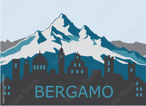 Bergamo skyline with mountains in the background in vector file. Writing of the name of the city.