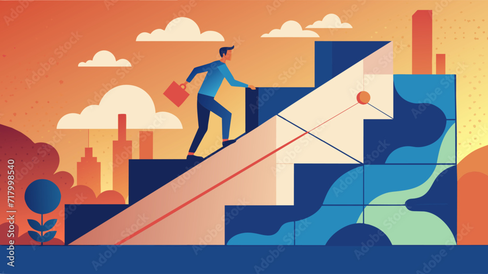 Businessman climbing abstract graph towards success in modern cityscape Businessman climbing abstract graph towards success in modern cityscape