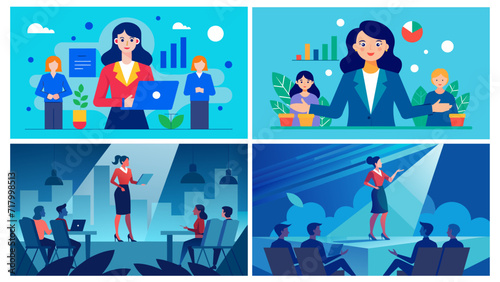 Professional businesswoman in various work settings - vector illustrations