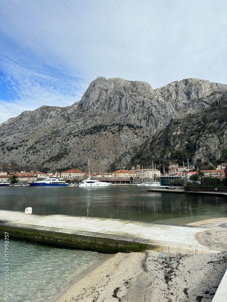 Sea Bay waves mountains Montenegro Kotor city