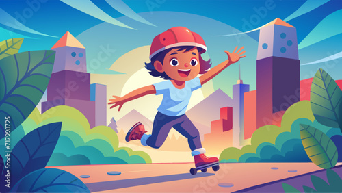 Happy child skateboarding in urban park cartoon vector illustration