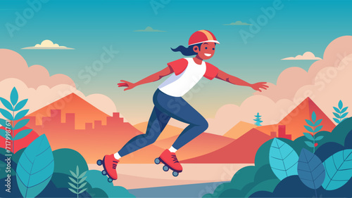 Active woman enjoying roller skating in picturesque landscape vector