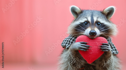 A mischievous raccoon in a hipster outfit, holding a heart, anthropomorphic animal, Valentine's Day, soft background, with copy space