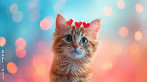cute cat with big eyes and hearts on a blurred bokeh background, valentines day, love, symbol, postcard, animal, pet, kitten, fluffy, congratulations, holiday, romance