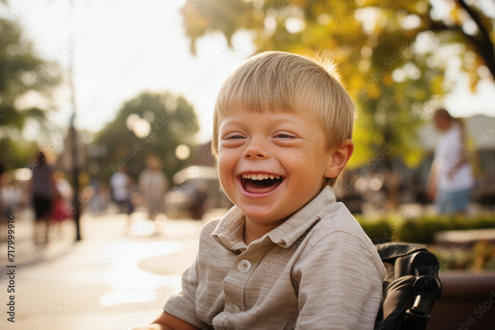 candid shot of a child with Down syndrome laughing heartily in a sunlit park. down syndrome day concept candid shot of a child with Down syndrome laughing heartily in a sunlit park. down syndrome day concept
