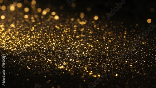 Shiny Gold Glitter Decoration for Celebration and Magic Atmosphere Backgrounds. Golden Bokeh Lights on Black Background