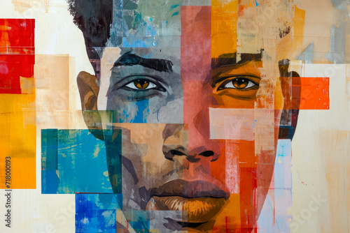 Portrait of person with collage technique and color blocking