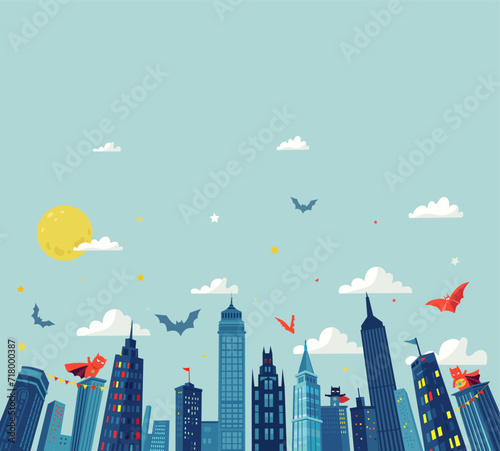Super hero party comic-style horizontal background with city silhouette and clouds