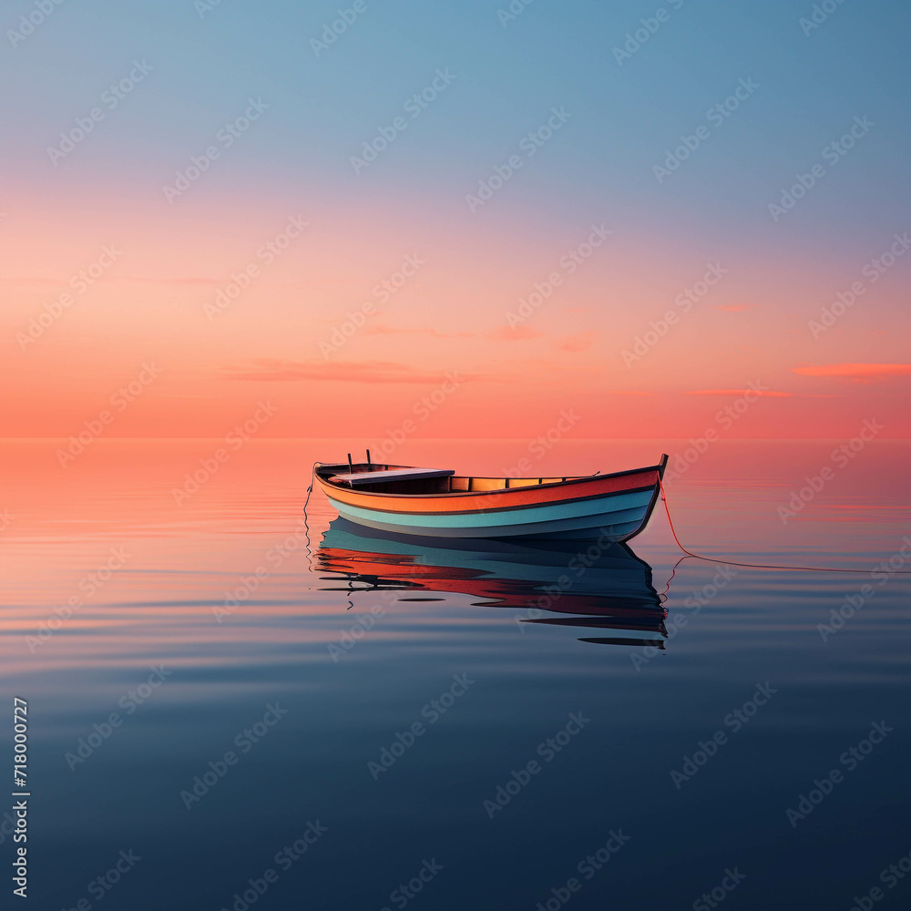 Orange Horizon Over a Tranquil Evening Sea with a Boat Sailing into the Dusk Sky.