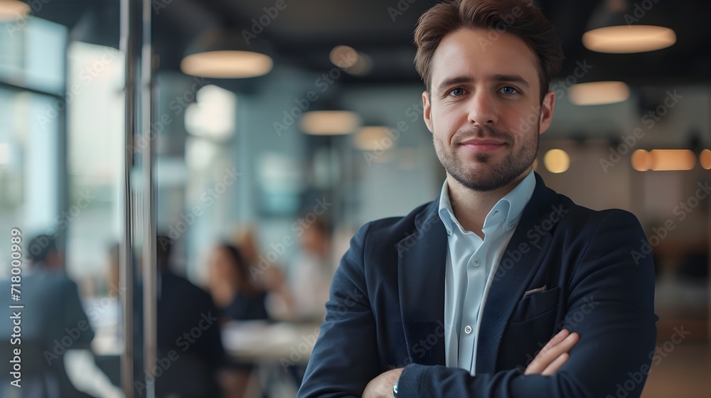 Portrait of a successful businessman posing against the background of a meeting in the office, generative AI Portrait of a successful businessman posing against the background of a meeting in the office, generative AI