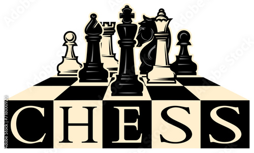 Stylish design template made of white and black chess pieces arranged on a chessboard. Set of elements for design
