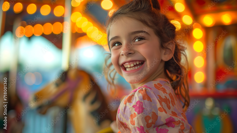 happy girl smiling and riding on carousel in amusement park