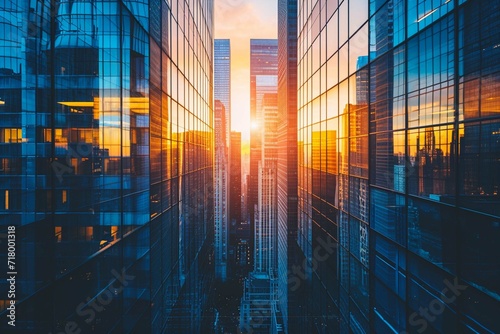 City buildings with many glass windows in sunset. Abstract business background with city architecture.