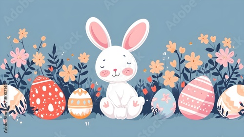 Flat vector design of easter eggs and baby bunnies, generative AI