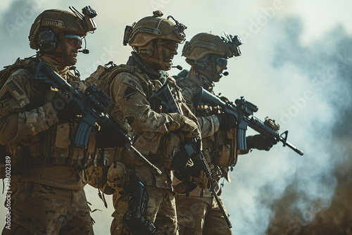 Three soldiers in full combat gear standing together with carrying guns. Private military company servicemen. Brothers in arms. War conflict combatants. Special Forces in the smoke. Army concept.