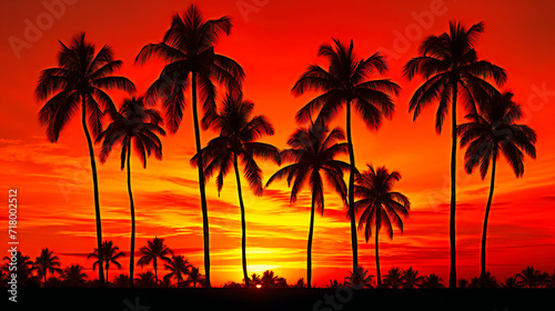 Tropical Sunset Beach, Palm Tree Silhouette, Paradise Sun, Orange Sky, Nature Vacation, Island Coast