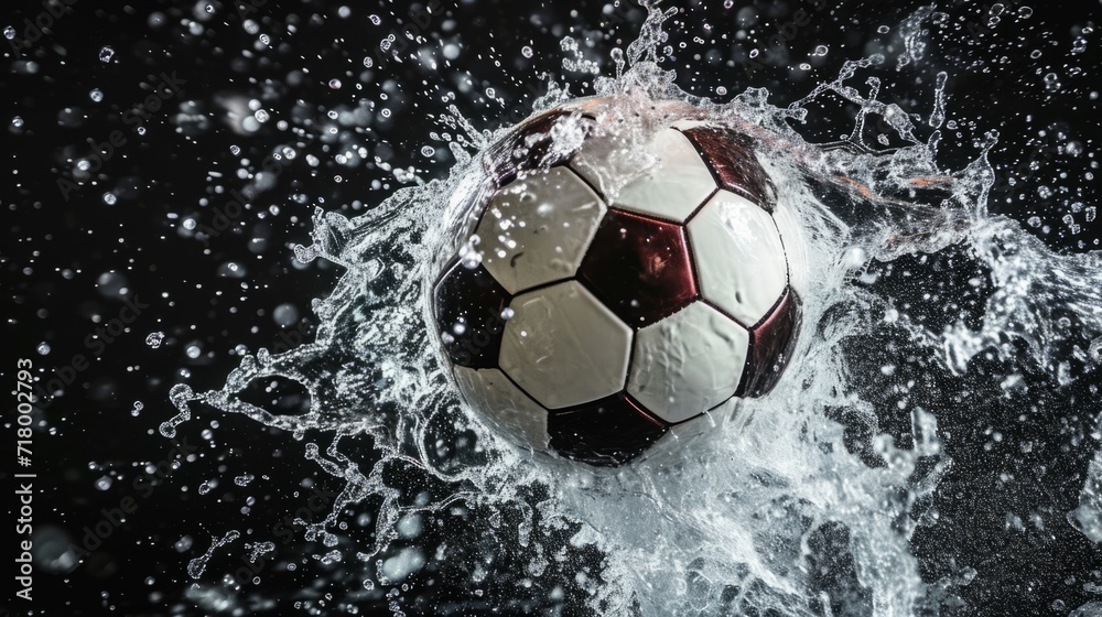 Fototapeta premium Professional Football ball Sports Equipment in water splashes on the black background. Horizontal Illustration. Sporting Gear Ai Generated Illustration with Active Game Football ball.