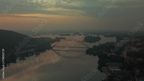 Aerial shot approaching to view the Adomi bridge in the horizon at Akosombo Atimpoku, Eatern Region photo