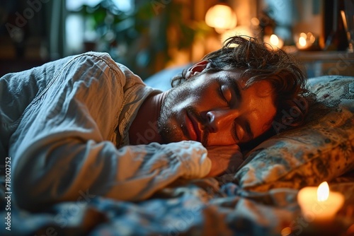 photo the young man sleeping with alarm clock near his head