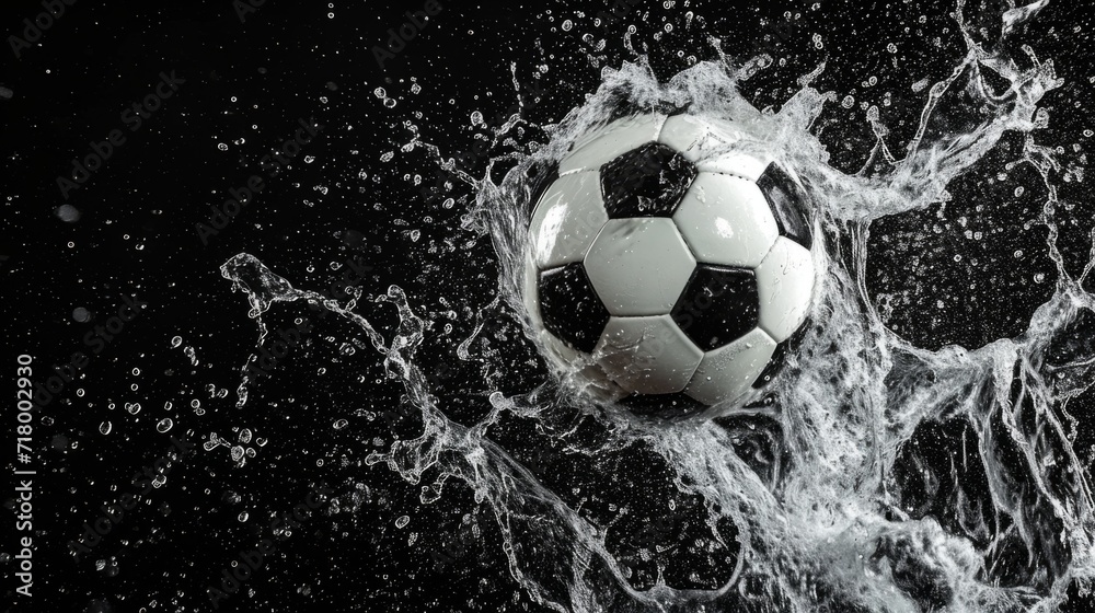 Naklejka premium Professional Football ball Sports Equipment in water splashes on the black background. Horizontal Illustration. Sporting Gear Ai Generated Illustration with Active Game Football ball.