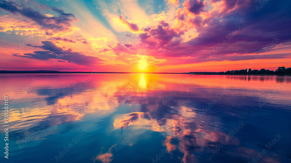 An image of a vibrant sunset over a serene lake, with colorful reflections shimmering on the water 