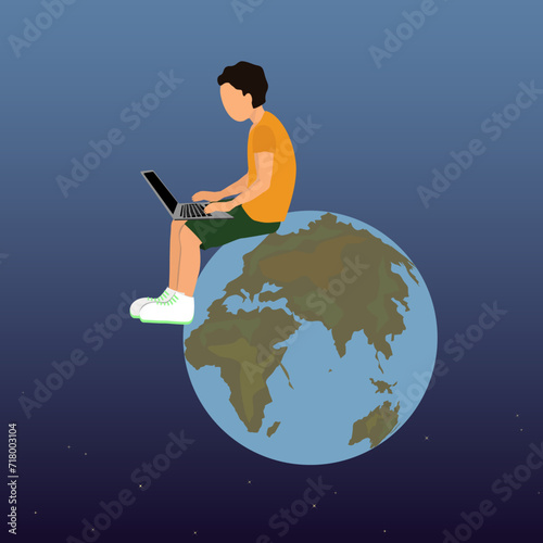 freelancer with laptop sitting on the globe