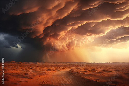 sunset over the desert with dramatic storm clouds
