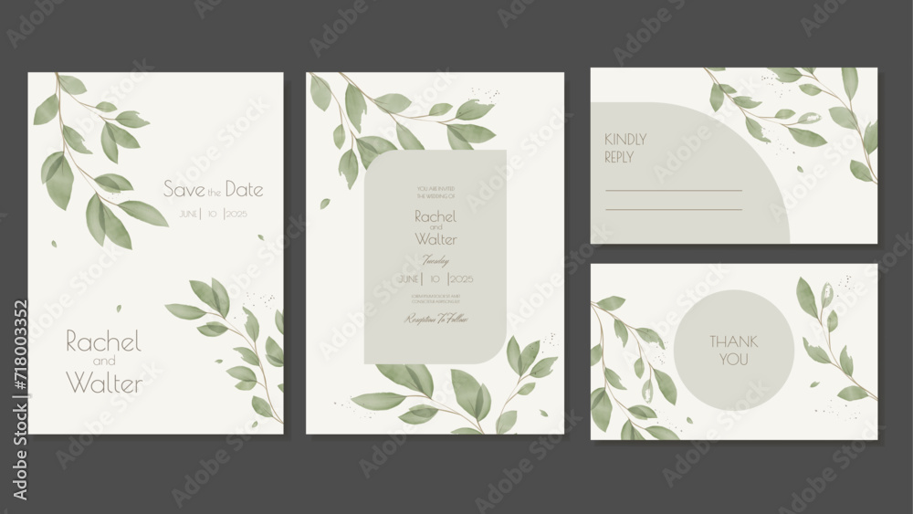 Wedding Invitations In A Minimalist Style With Green Watercolor Leaves. Vector Invitation Template With RSVP and Thank You Cards
