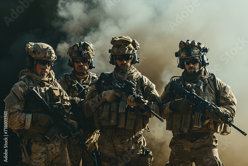 soldiers in full combat gear standing together with carrying guns. Private military company servicemen. Brothers in arms. War conflict combatants. Special Forces in the smoke. Army concept.