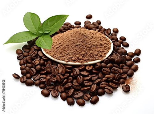 Coffee grounds and roasted coffee beans are photographed on a white background with green leaves. generative AI