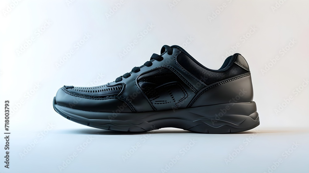 Close-up portrait of black sports shoes against white background, generative AI Close-up portrait of black sports shoes against white background, generative AI