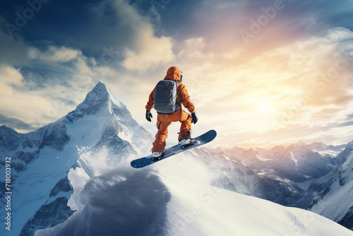 Sportman playing snowboard on the mountain
