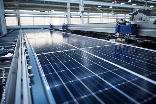 Solar panels on a production line in a factory. 3d rendering © VITALII