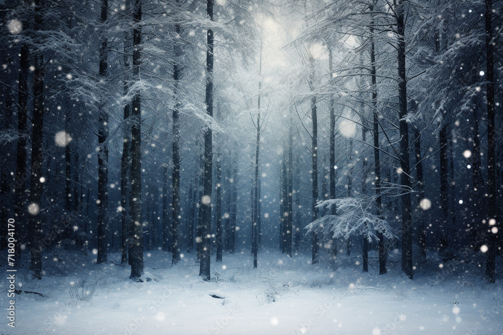 Fototapeta premium Snowing with blurred forest trees background