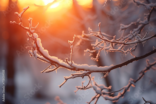 Snow on tree branches in the winter with sun rising background