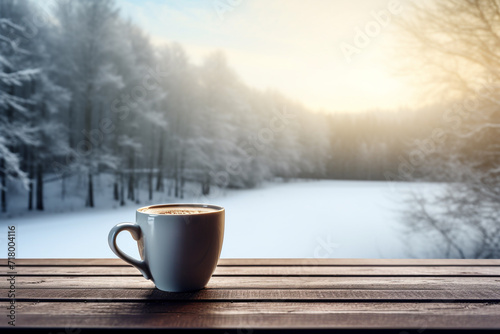 Coffee cup on table with blurred view of snow season background