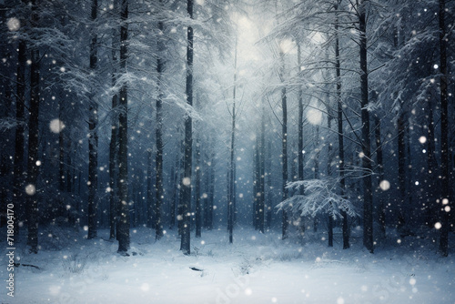 Snowing with blurred forest trees background