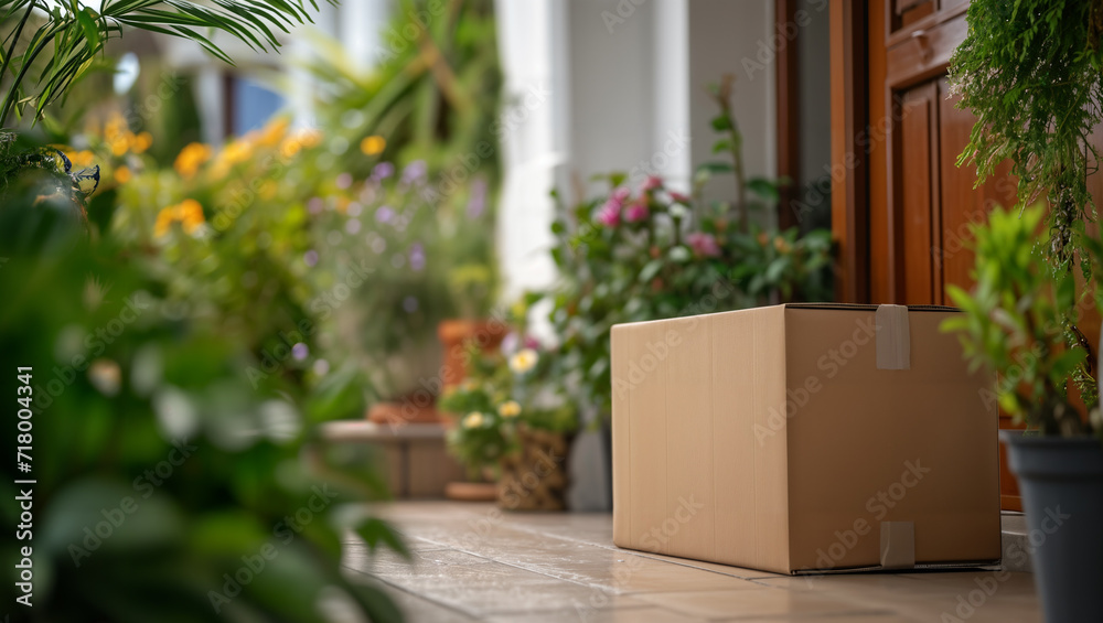 Online shop parcel service delivers packages to the doorstep and leaves them. Space for labeling
