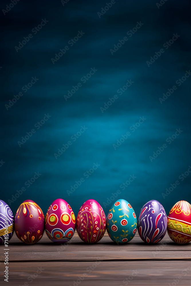 colorful Easter eggs stand in a row on a dark blue background. unusual multi-colored Easter eggs. Easter banner